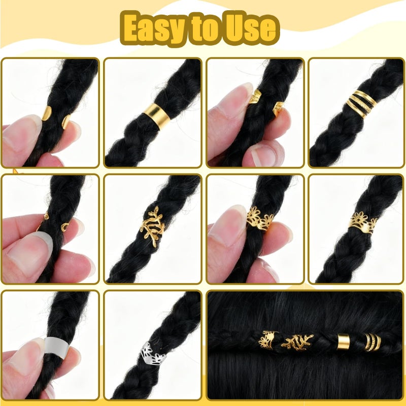 LUSTRIB 40 Pcs Hair Jewelry for Braids, Silver & Gold Hair Cuffs Rings, 4 Styles Metal Braid Accessories & Decorations for Women and Girls - Image 3
